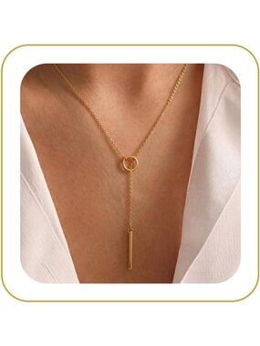 Women Circle Bar Y Necklace Non Tarnish Chunky 14k Gold Plated Layered Necklace